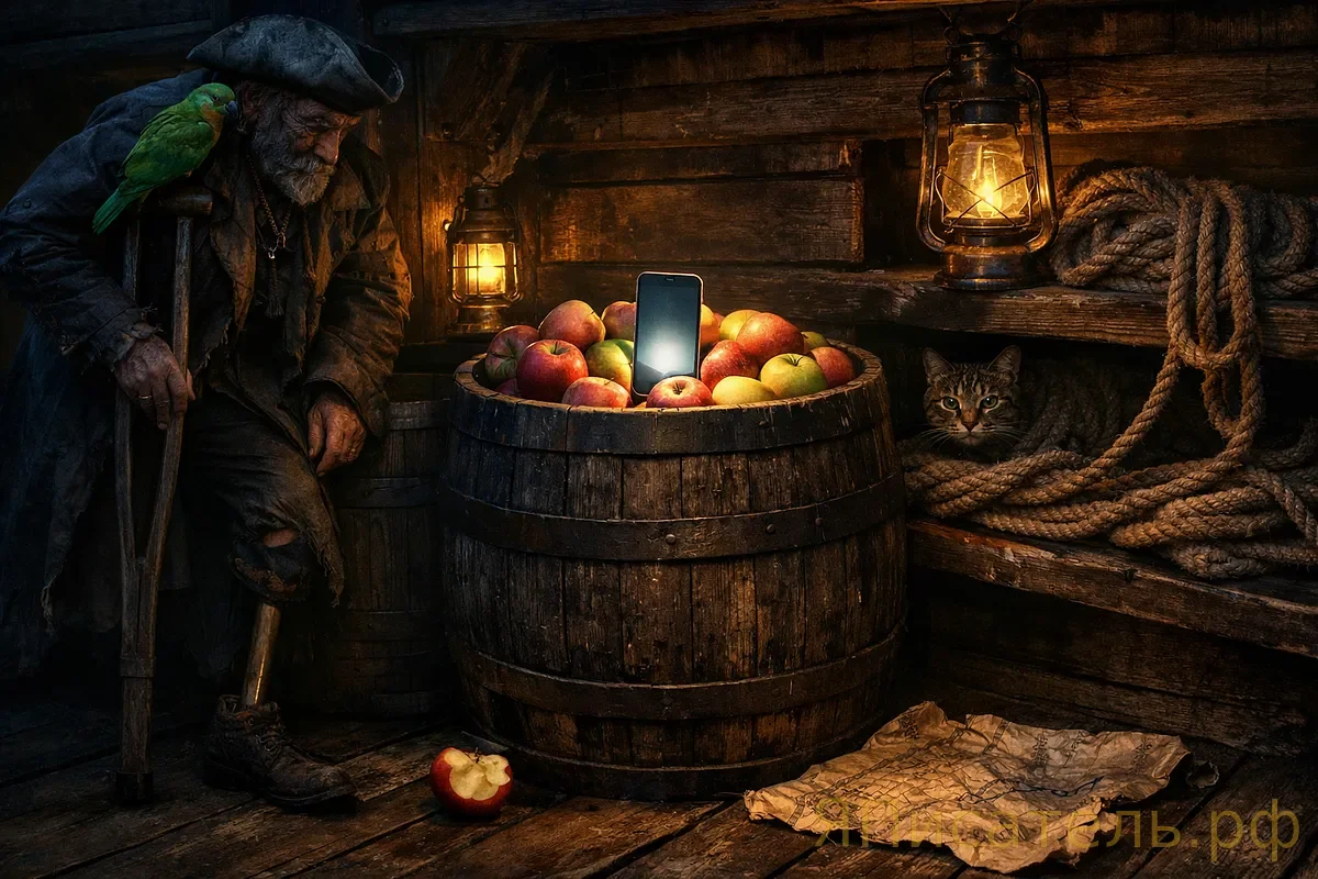 Джим Хокинс в Твиттере: «Сижу в бочке с яблоками. Кок планирует нас убить. Тред 🧵»